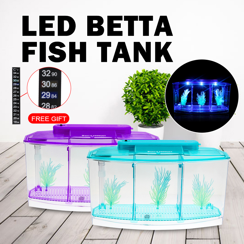 Senzeal Transparent Akryl Fighting Fish Tank Triple Cube Aquarium Led Lighting Dimmable Betta Separat Breed Spawning Mini Box Y200922