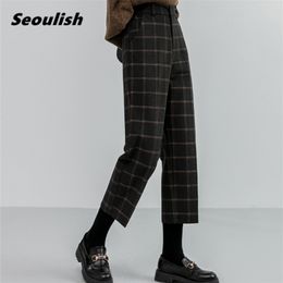 Seoulish herfst winter wollen plaid vrouwen formele rechte broek hoge taille enkellengte chique losse dames pocket 211115