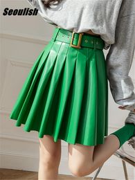 Jupes plissées en Faux cuir PU vert séoulish pour femmes, avec ceinture, taille haute, Mini femme Sexy, automne hiver 240112