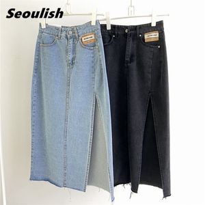 Seoulish Summer Dames Lange Denim Rok Vintage High Wasit Jeans Vrouwelijke rechte zijde Split A-Line Pencil S 220317