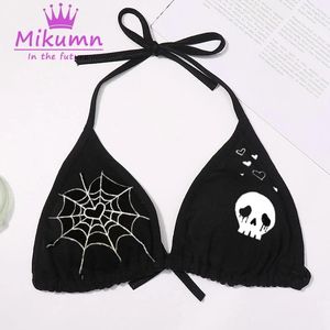 Mikumn Gothic Spider Web Skull Print Zwarte Bikini Top Vrouwen Sexy Bandage Halter Zwembeha Push Up Badmode Meisje Beachwear