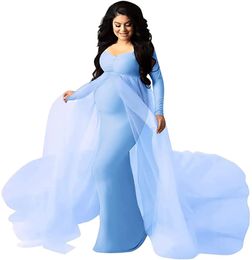 Sepzay femmes à manches longues épaules dénudées maternité Maxi pographie robe Tulle mariage sirène robe pour Poshoot bébé douche 240228