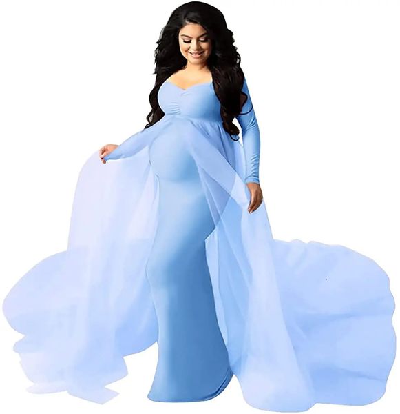 Sepzay femmes à manches longues hors épaule maternité Maxi pographie robe Tulle mariage sirène robe pour Poshoot bébé douche 240301