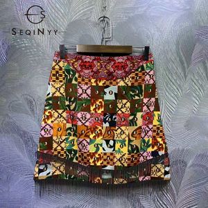 SEQINYYY SICILY SKIRT 2021 Zomer Spring Nieuwe Mode Design Dames Runbay Hoge Kwaliteit Kralen Kwastjes Bloemen Plaid Print Y1214