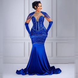 Pailletten Kralen Aso Ebi Avondjurken Blauw Veet Kristal Formele Jurk Met Goe Sweep Trein Abendkleider Womens Specail Ocn Jurk 326