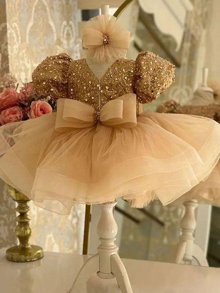 Sequin Champagne Flower Girl Robe For Wedding Short Tulle Puffy Shining with Bow Kids Baby Princess Birthday Party Robe 240312