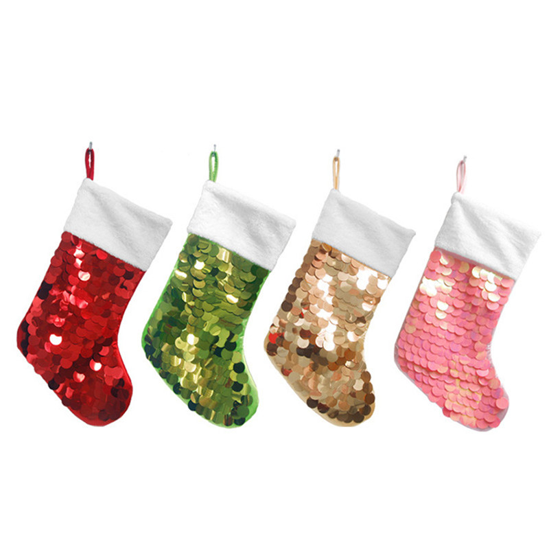 Sequin Christmas Socks Merry Christmas Gift Candy Storage Bag Pink Red Green Gold 19 inches Sequin Xmas Gift Decorative Stocking