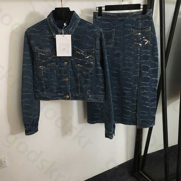 Veste en jean à paillettes pour femmes, jupe surjupe, imprimé classique, taille haute, fendue, robe en jean, boutons, manteau, pantalon, 2 pièces