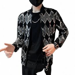 sequin Diamd Bomber Vestes pour Hommes Sier Plaid Fi Streetwear Hip Hop Coupe-Vent Manteau Discothèque Chanteur Costume de Scène 64zM #