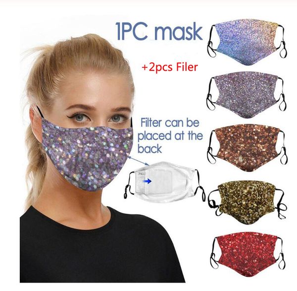 Masque facial à paillettes d'impression 3D Masques de protection à boucles auriculaires Masque de protection solaire d'été Anti-poussière Couverture de bouche Masque de créateur de mode avec 2 filtres