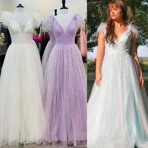 Pailletten prom jurk 2023 A-lijn diepe v-hals winter formele avond trouwfeest jurk pageant gala landingsbaan rode loper ijsblauwe lila witte rugloze snoepkleur spleet