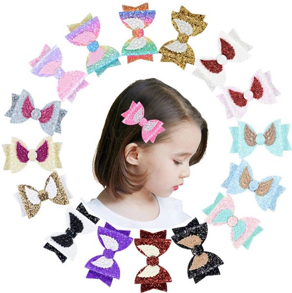 Paillettes Hairgrips Angel Wing Princesse Épingles à cheveux en cuir Bow Pinces à cheveux Filles Glitter Hair Bows avec clip Accessoires de cheveux de mode DHW3270