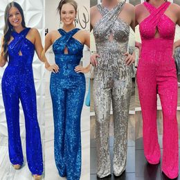 Sequin Jumpsuit Pant Costume CRISS-CROSS HALTER 70S Disco Lady Prom Pageant Formel Evenal Special Occasion Gala Tapis rouge Rouleur Romper Open Back Peacock Royal Silver