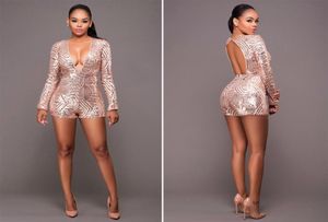 Sequin Jumps combinaison femmes Deep V Neck Long Sleeve Rompers Womens Jumpsuit Sexy Short Club Party BodyCon Jumps Contanes PlaySuit4422110