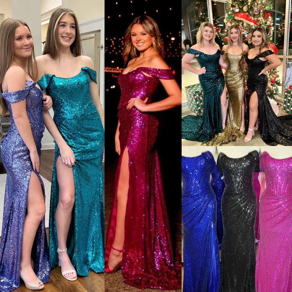 Sequin Long Prom Dress 2k23 Off-Shoulder Slit Fitted Corset Winter Court Warming Formal Evening Wedding Party Gown Pageant Gala Runway Red Carpet Emerald Royal Gold
