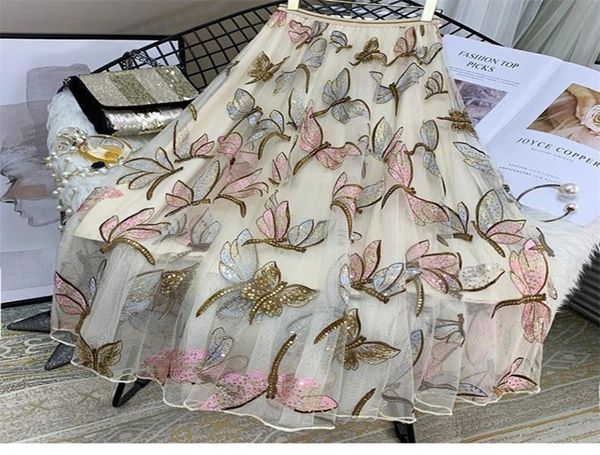 Falda larga con libélula bordada de malla de lentejuelas para mujer 039s primavera y verano faldas de tul plisadas dulces de cintura alta ajustadas para mujer 5061447