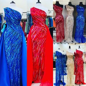 Pailletten prom jurk 2023 overksk gemonteerd één schouder winter formele avond trouwfeest jurk jurk spleet zijkant optocht gala catwalk rode loper blauw goud rood groen goud ontwerp