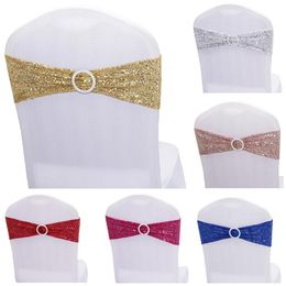 Sequin Rose Or Stretch Chaise Ceintures Bandes Housse De Chaise Avec Boucle Ronde Pour Les Événements De Mariage Décoration De Fête Spandex SN4690