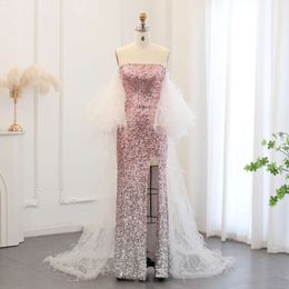 Sequin Sharon Roze Zei Ombre Dubai Zeemeermin Avondjurken Met Veren Cape Arabische Vrouwen Bruiloft Jurken Ss514