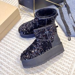 Bottes de neige à paillettes, augmentation de la hauteur intérieure des femmes, semelle épaisse, bottes courtes antidérapantes, bottes courtes épaissies et moelleuses, chaussures chaudes en coton en hiver