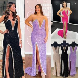 Sequin sans bretelles robe de fête formelle Slit Crystal V-Neck colonne Célébrité Lady Pageant Prom Evence Event Special Occasion Hoco Gala Cocka Cocktail Rouge de piste rouge