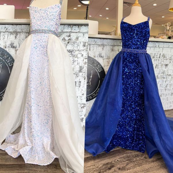 Robe de concours de beauté en velours à paillettes pour fille 2022 avec perles et cristaux, bretelles au cou, jupe en organza, robe de soirée formelle pour petit enfant, adolescent, préadolescent, bleu royal, blanc