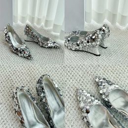 Chaussures de mariage à paillettes pour femmes, escarpins à bride arrière de 3/6 cm, escarpins à talons hauts en métal de styliste chinois, chaussures de soirée, chaussures à bouts pointus, chaussures de qualité miroir