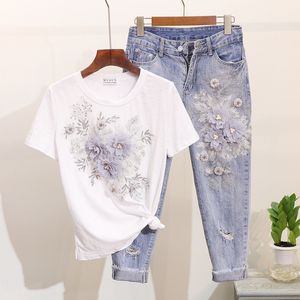 T-shirt en coton floral 3D perlé à paille