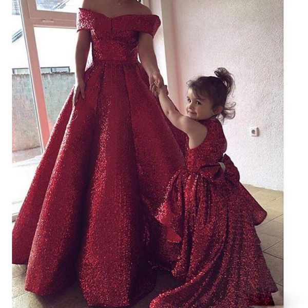 Paillettes bordeaux mère et fille robes de bal 2020 épaules nues robe de bal robes de soirée vestidos de baile sur mesure