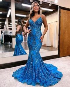 Lovertjes fantastische blauwe zeemeermin prom -jurken sexy backless spaghetti banden appliques ruches long zwarte meisjes formeel feest afstuderen gala jurk bc18385