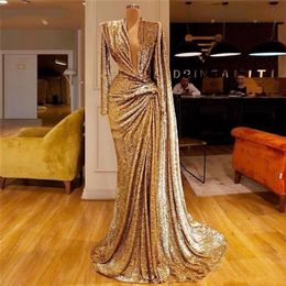Paillettes or sirène robes de soirée col en V profond plis manches longues robe de bal Dubai robes de soirée africaines BC28622949