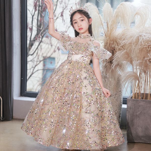 Robes de fête d'anniversaire pour petite fille à paillettes, robes de demoiselle d'honneur, col transparent, dentelle perlée, fleurs faites à la main, en Tulle coloré à plusieurs niveaux, robes de bal de princesse reine pour mariage