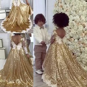Lovertjes mooie gouden optochtjurken kanten appliques lange mouw bloemenmeisjes jurk kinderen formele slijtage