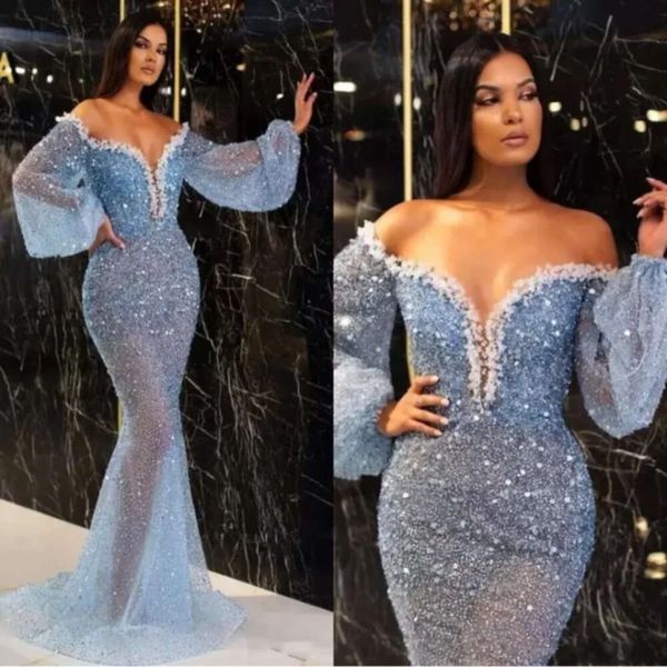 Vestidos de noche brillantes de sirena con lentejuelas, vestido de fiesta con cuentas de perlas pesadas, Abiti Cerimonia Da Sera, mangas largas formales