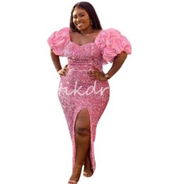 Robe de bal de sirène rose à pose pour femmes noires Aso Ebi High Split plus taille de soirée robe de soirée formelle avec des manches courtes gonflées