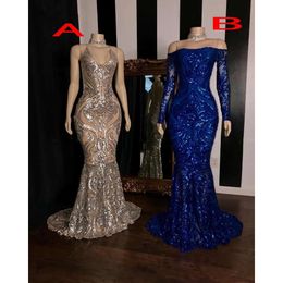 Lovertjes prom -jurken Mermaid Sparkly Royal Blue van de schouder lange mouwen formele feestjurk plus size avondjurken