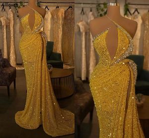 Lovertjes glanzende gele prom jurken sexy halter sparkle strass rhinestones formele feestjurken hoge dij split long zeemeermin vrouwen speciale ocn avondjurk cl2021