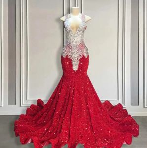 Lovertjes Sparkly Red Mermaid Prom -jurken voor zwarte meisjes pure halter nek steentjes formele feestjurk kralen avondjurken mal