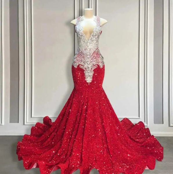 Paillettes de sirène rouge scintillant robes de bal pour filles noires noires coule licou stramises de fête formelle robe de soirée perlée robes