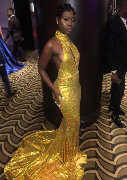 Servicio de graduación de la sirena amarilla de lentejuelas 2018 New Black Girl Black High Neck Sweep Sweep Spot Abr Abr Open Back Formal Vestido de noche PAR4683789