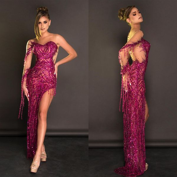 Vestidos de fiesta con cuentas de lentejuelas Vestidos de noche de sirena con cuello transparente desnudo Vestido para ocasiones formales con abertura lateral por encargo