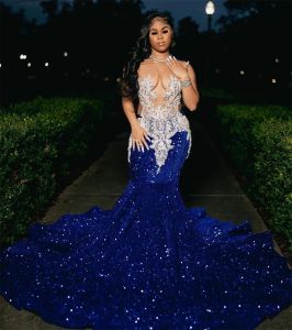 Sequins Blue Bead Royal 2024 Appliques prom -jurken voor zwarte meisjes pure nek sweep trein zeemeermin formele ocn -jurken 0229 mal