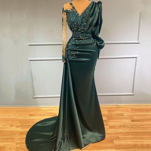 Pailletten donkergroen A-lijn prom jurken elegant v nek één lange mouw appliques strapless kralen tule kanten appliques feestjurken plus maat op maat gemaakt