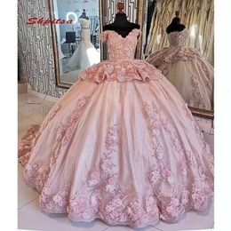 Pailletten jurken blush quinceanera roze kralen van de schouder met handgemaakte bloemen gelaagde tule zoete 16 optocht baljurk op maat gemaakte formele ocn vestidos