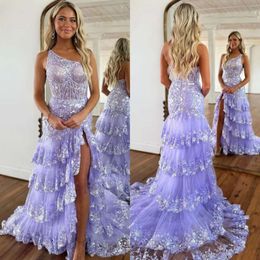 Pailletten elegante jurken lavendel een prom kanten schouderavond er gelaagde rok backless split formele lange speciale ocn feestjurk