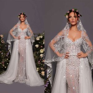 Paillettes Elegant Pearls Mermaid Wedding Spaghetti Spaghetti Robes Bridal Robes de mariée illusion sur mesure