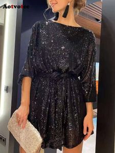 Sequins for Women New Fashion Spring Elegant Solid Loose Mini Dress Vintage Chic Long Sleeve O Neck Dresses