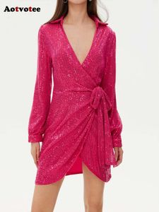 Paillettes pour femmes nouvelle mode Vintage Chic col en V profond à manches longues maigre décontracté à lacets Mini robe