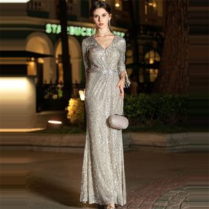Pailletten formele jurk zilveren vneck robe de soiree k019 lange plus size dames feestjurken elegant lange mouwen avondjurk 201114