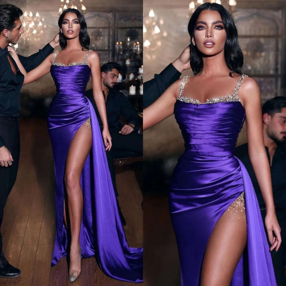 Pailletten formelle Träger Abend Purple Party Sexy Prom Kleid Falten Oberschenkelschlitzkleider für besondere OCN ES